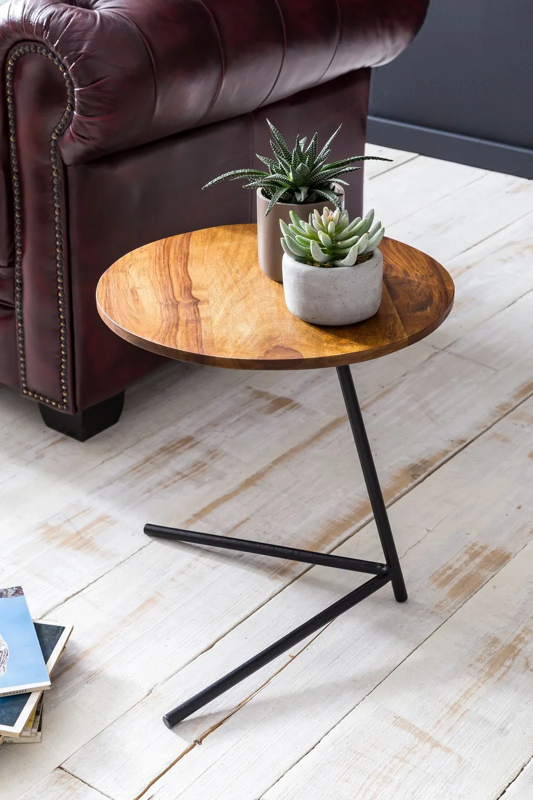 FineBuy Beistelltisch rund 40x46x40 cm Sheesham Metall Couchtisch Industrial Style Echtholz, Holztisch Sofatisch Metallbeine, Anstelltisch Dekotisch