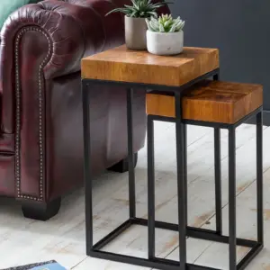 FineBuy Design Satztisch FB51457 Sheesham Metall Beistelltisch 2er Set klein, Couchtisch Set 2 Holz Tische, Massivholz Wohnzimmertisch Metallgestell, Schmaler Sofatisch Ablagetisch