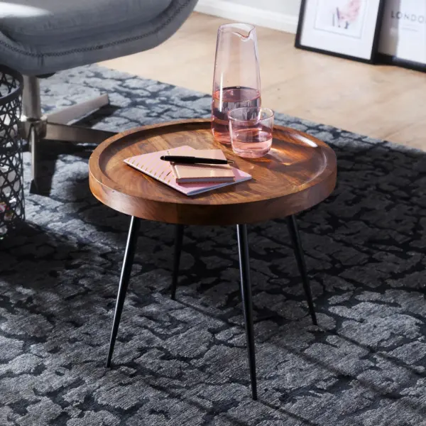FineBuy Beistelltisch rund 46x40x46 cm Sheesham massiv Holz Metall Couchtisch, Industrial Style Echtholz Holztisch, Sofatisch Metallbeine, Anstelltisch Dekotisch
