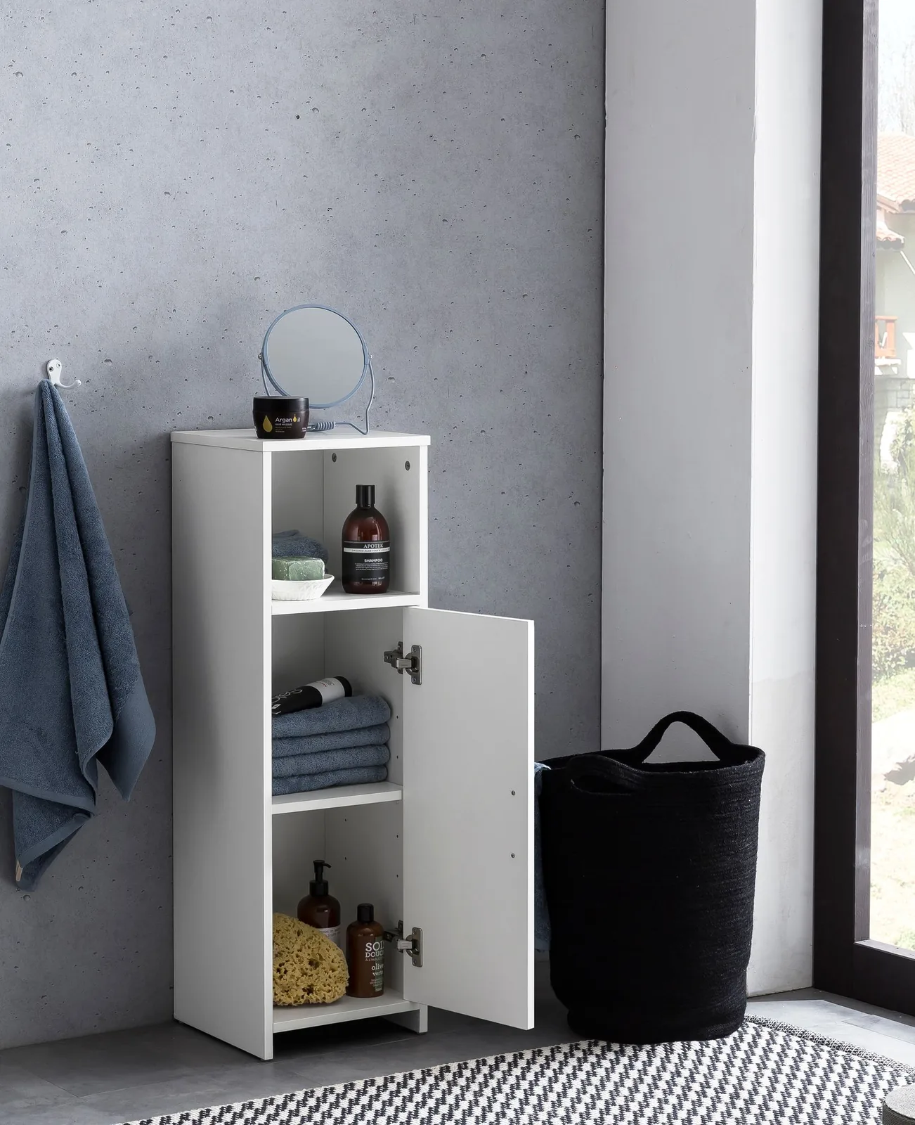 FineBuy Badschrank 30 x 95,5 x 30 cm Weiß Holz mit Tür und Ablagefach, Kleiner Bad-Schrank Beistellschrank Stehend, Badregal Schmal Freistehend Badezimmerkommode, Badmöbel Badezimmermöbel