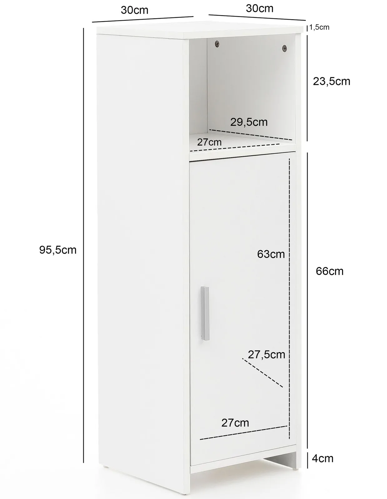 FineBuy Badschrank 30 x 95,5 x 30 cm Weiß Holz mit Tür und Ablagefach, Kleiner Bad-Schrank Beistellschrank Stehend, Badregal Schmal Freistehend Badezimmerkommode, Badmöbel Badezimmermöbel