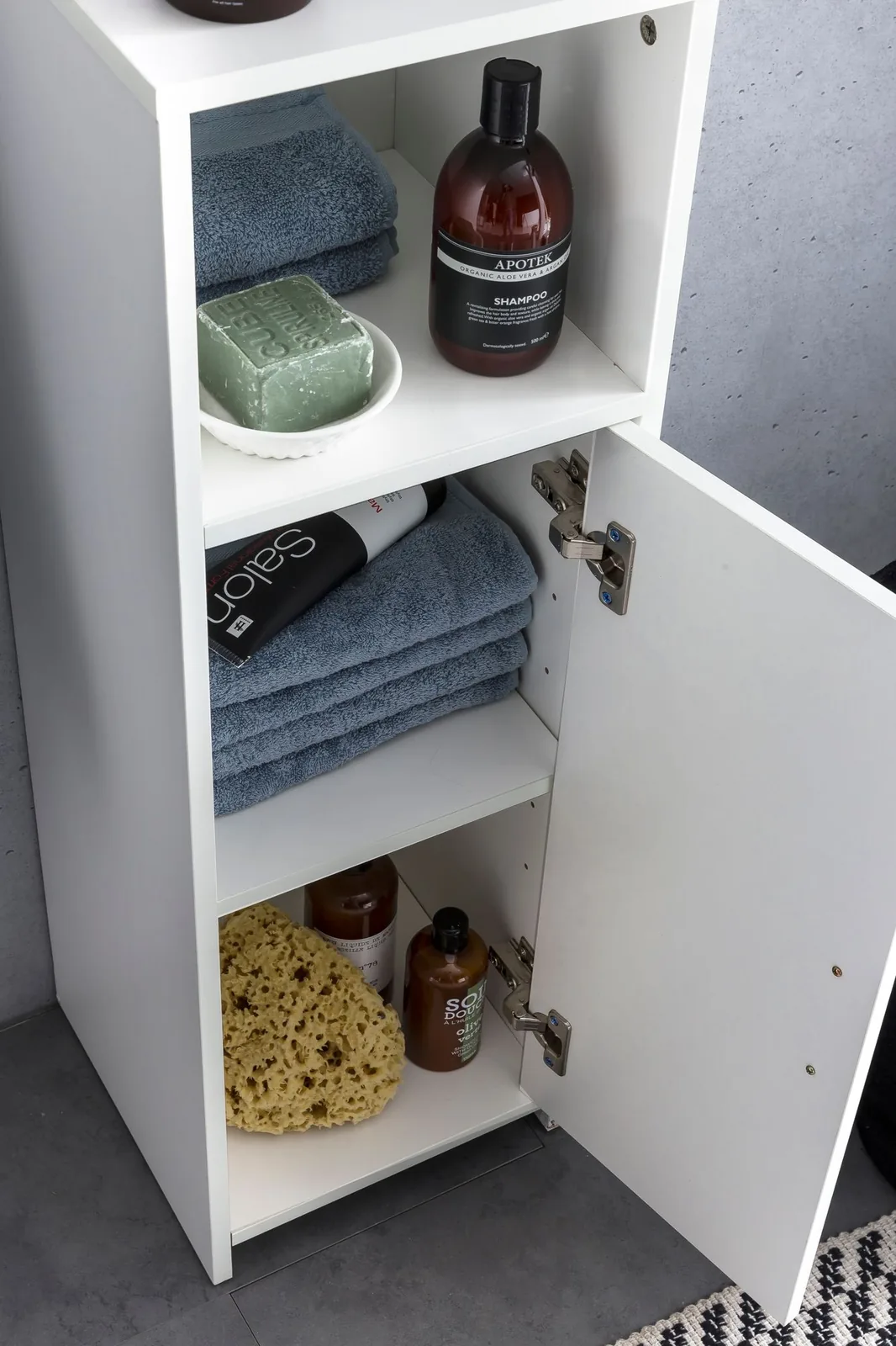 FineBuy Badschrank 30 x 95,5 x 30 cm Weiß Holz mit Tür und Ablagefach, Kleiner Bad-Schrank Beistellschrank Stehend, Badregal Schmal Freistehend Badezimmerkommode, Badmöbel Badezimmermöbel