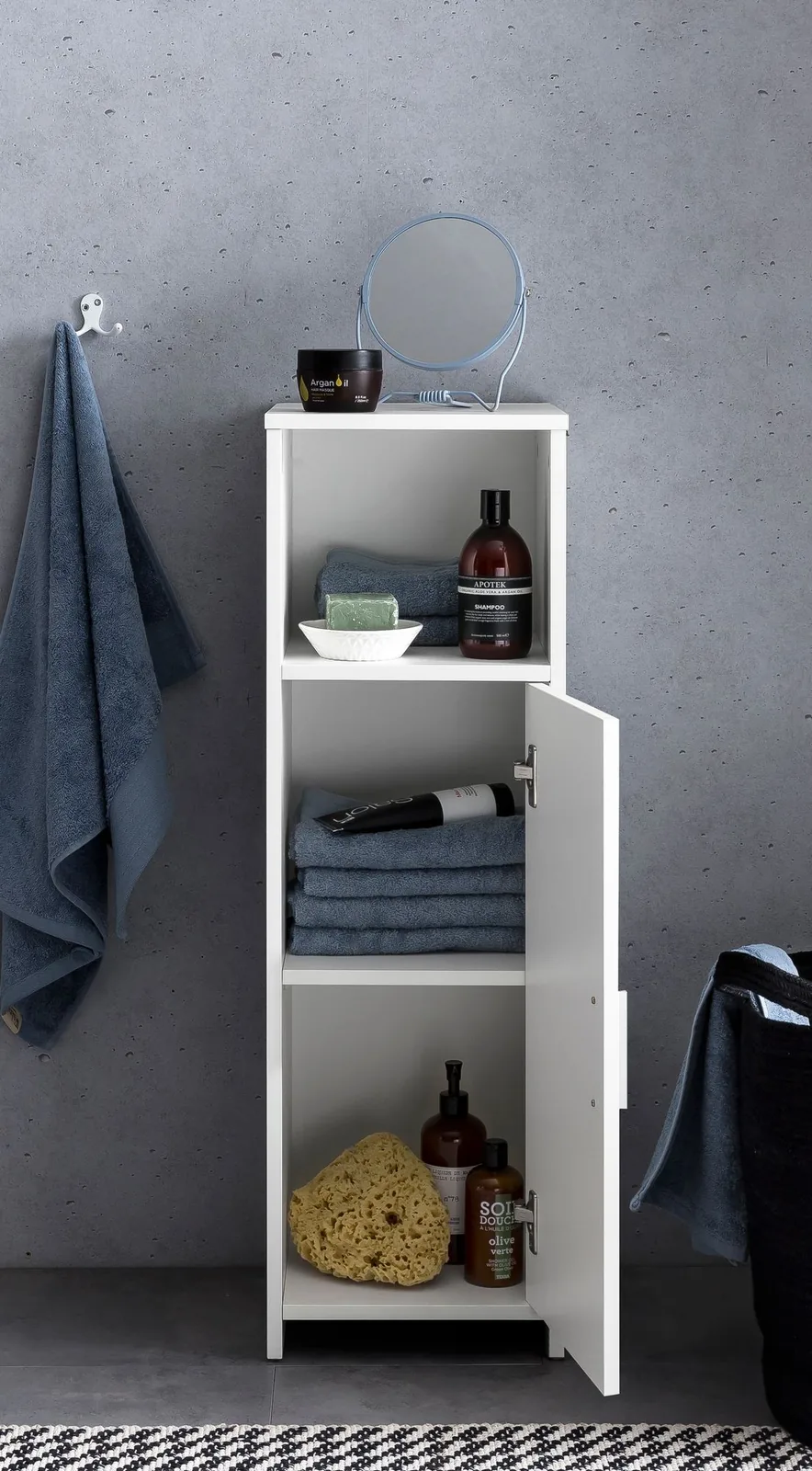 FineBuy Badschrank 30 x 95,5 x 30 cm Weiß Holz mit Tür und Ablagefach, Kleiner Bad-Schrank Beistellschrank Stehend, Badregal Schmal Freistehend Badezimmerkommode, Badmöbel Badezimmermöbel
