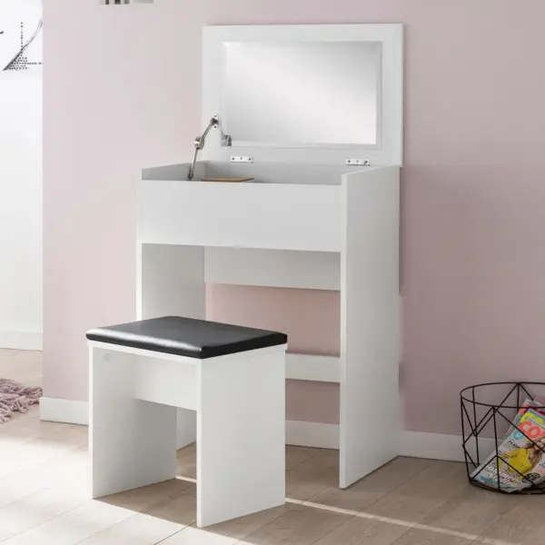 FineBuy Schminktisch FB51641 60x81x40 cm Weiß Konsolentisch Holz Modern, Kosmetiktisch mit Hocker und Spiegel, Weißer Frisiertisch mit Klappfach, Moderner Make-Up-Tisch Mädchen Groß
