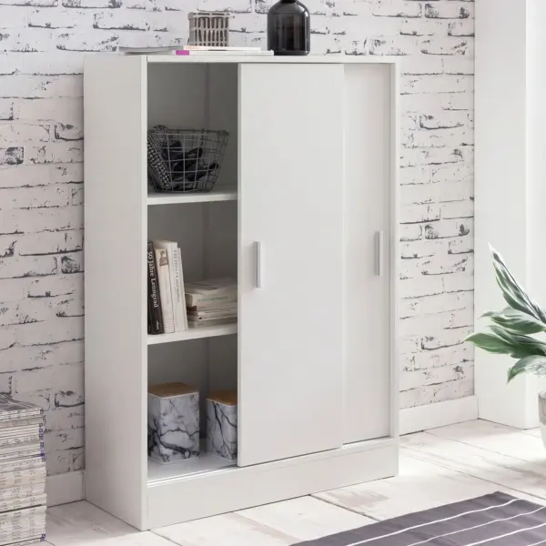 FineBuy Kommode Weiß 60 cm Breit mit 2 Schiebetüren für Büro Akten, Schiebetürenschrank, Aktenschrank, Sideboard, Kleiderschrank