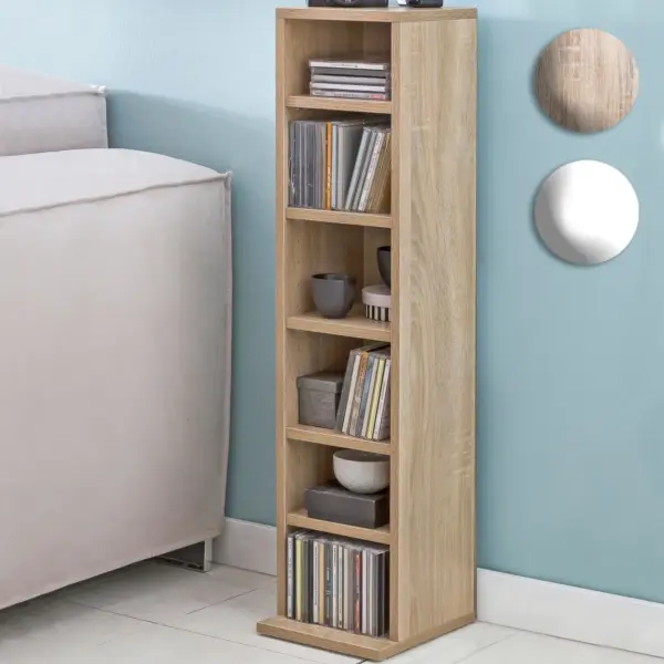 FineBuy CD-Regal Holz 21x90x20 cm Standregal Modern Bücherregal Schmal, CD Ständer Aufbewahrung Klein, Offenes Nischenregal, Mehrzweckschrank 6 Fächer Offen, CD Holzregal Design Stehregal