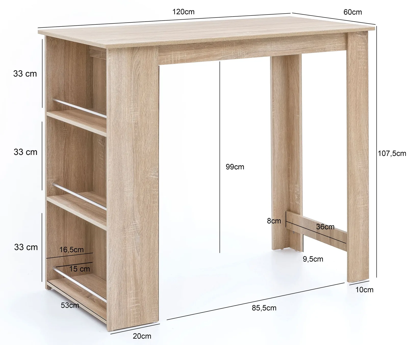 FineBuy Bartisch 120 x 60 cm Stehtisch Holz Küchenbartisch, Bartresen mit integriertem Regal, Tresentisch mit Bar, Tresen Küchen Tisch