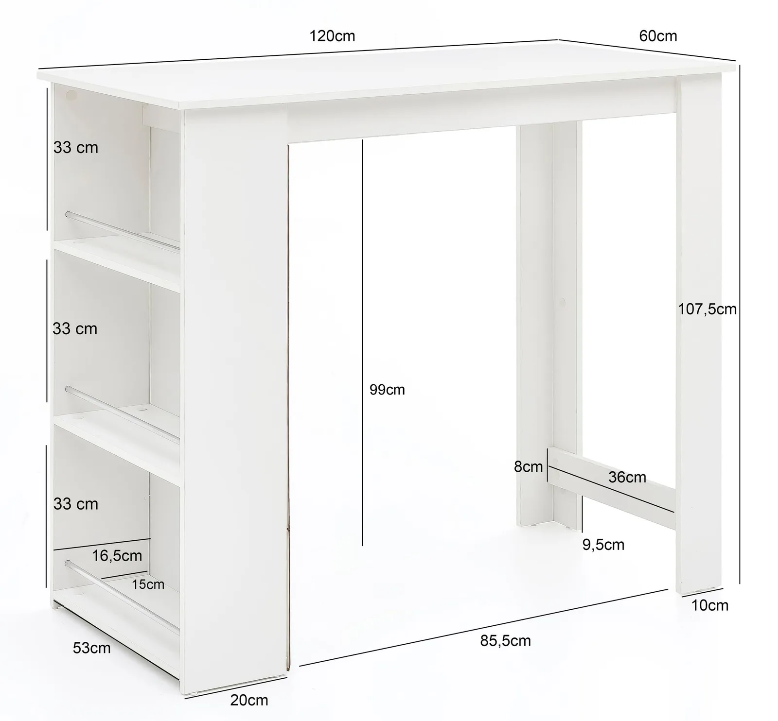 FineBuy Bartisch 120 x 60 cm Stehtisch Holz Küchenbartisch, Bartresen mit integriertem Regal, Tresentisch mit Bar, Tresen Küchen Tisch