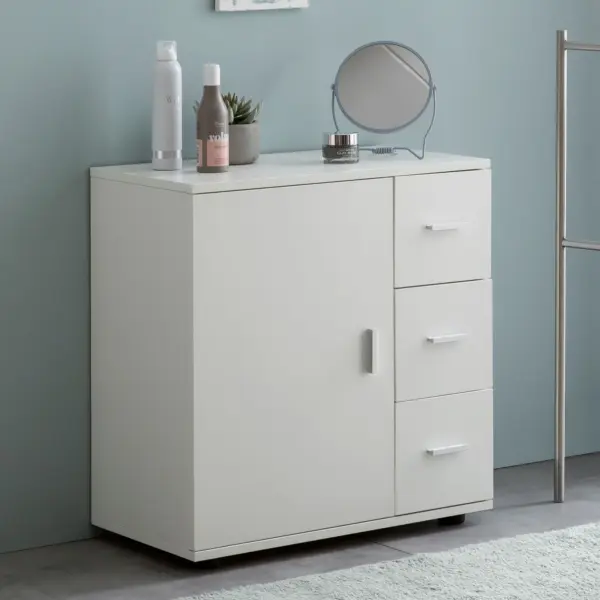 FineBuy Badschrank Weiß 60cm Midi-Schrank mit Tür & Schubladen, Kleiner Beistellschrank Matt, Badregal Schmal Freistehend Badezimmerkommode, Badmöbel Badezimmermöbel