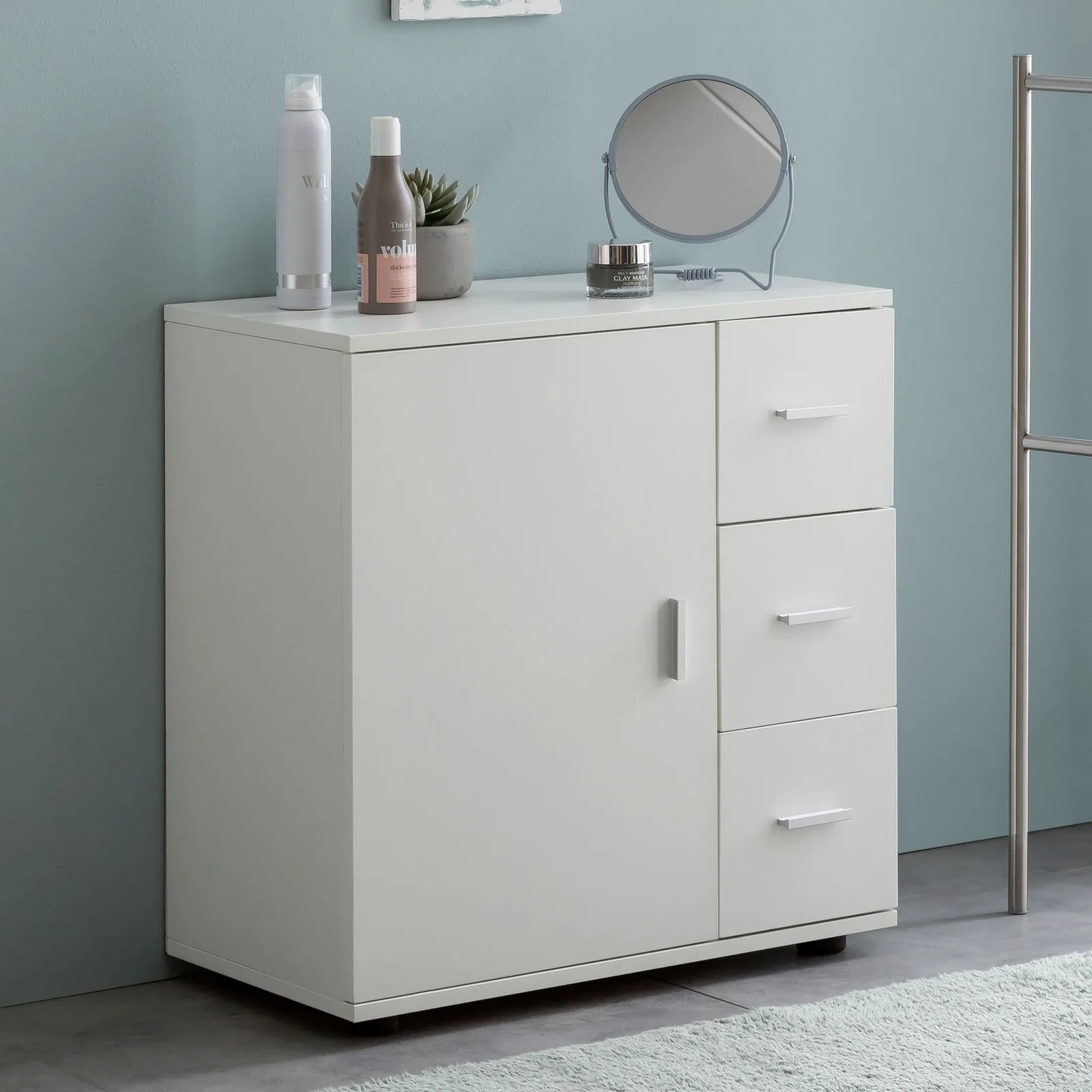 FineBuy Badschrank Weiß 60cm Midi-Schrank mit Tür & Schubladen, Kleiner Beistellschrank Matt, Badregal Schmal Freistehend Badezimmerkommode, Badmöbel Badezimmermöbel