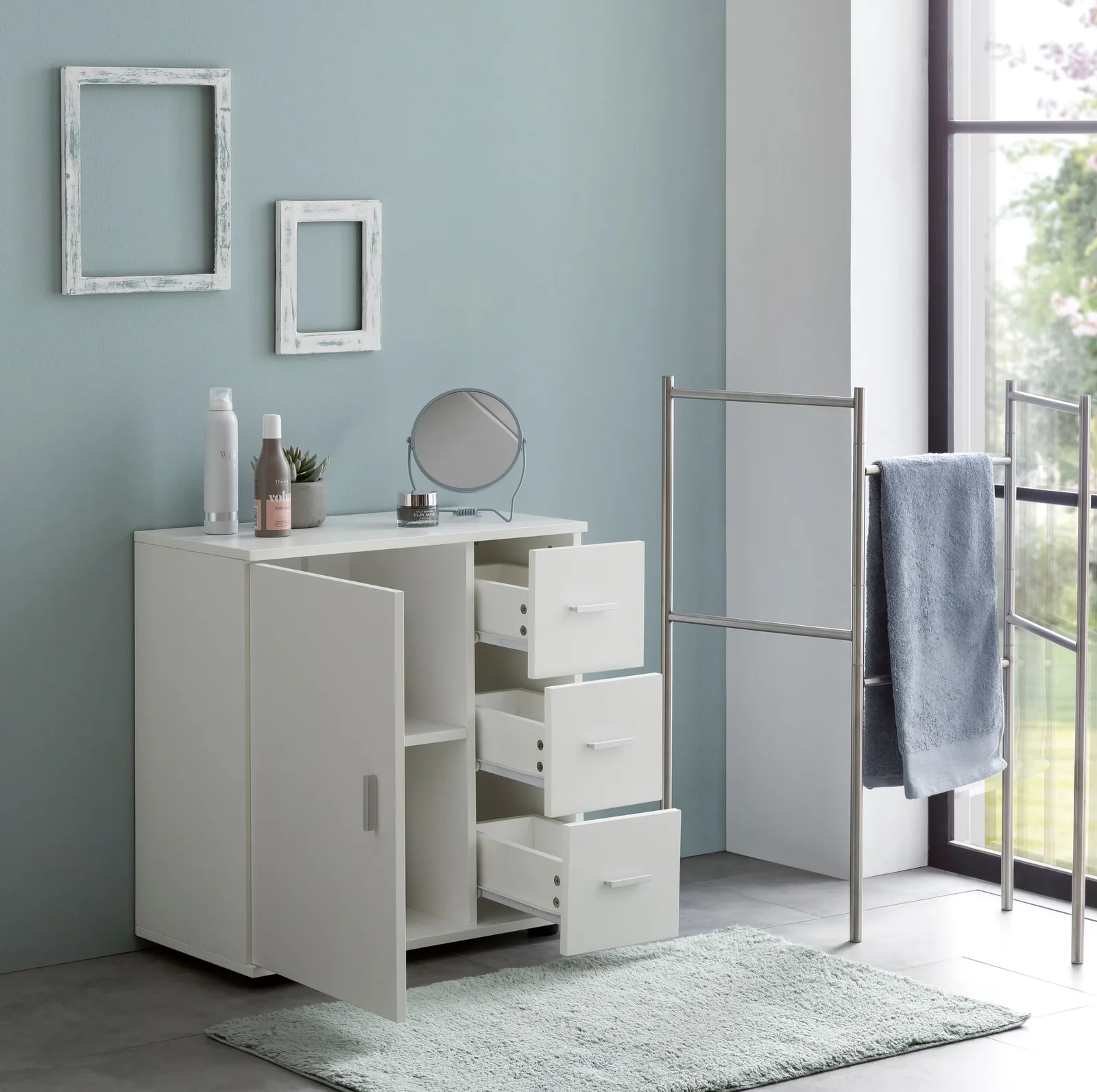 FineBuy Badschrank Weiß 60cm Midi-Schrank mit Tür & Schubladen, Kleiner Beistellschrank Matt, Badregal Schmal Freistehend Badezimmerkommode, Badmöbel Badezimmermöbel