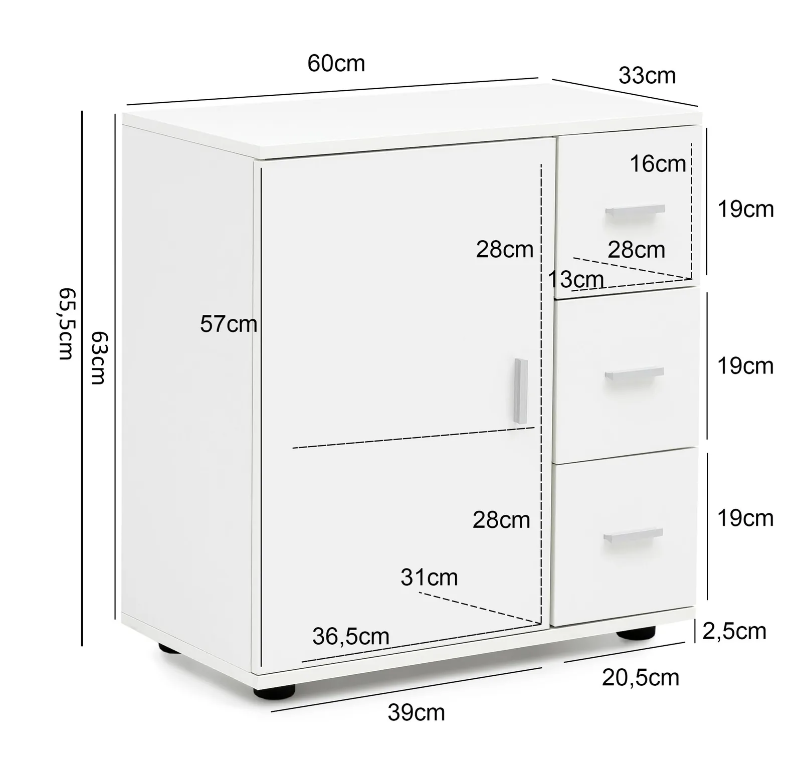 FineBuy Badschrank Weiß 60cm Midi-Schrank mit Tür & Schubladen, Kleiner Beistellschrank Matt, Badregal Schmal Freistehend Badezimmerkommode, Badmöbel Badezimmermöbel