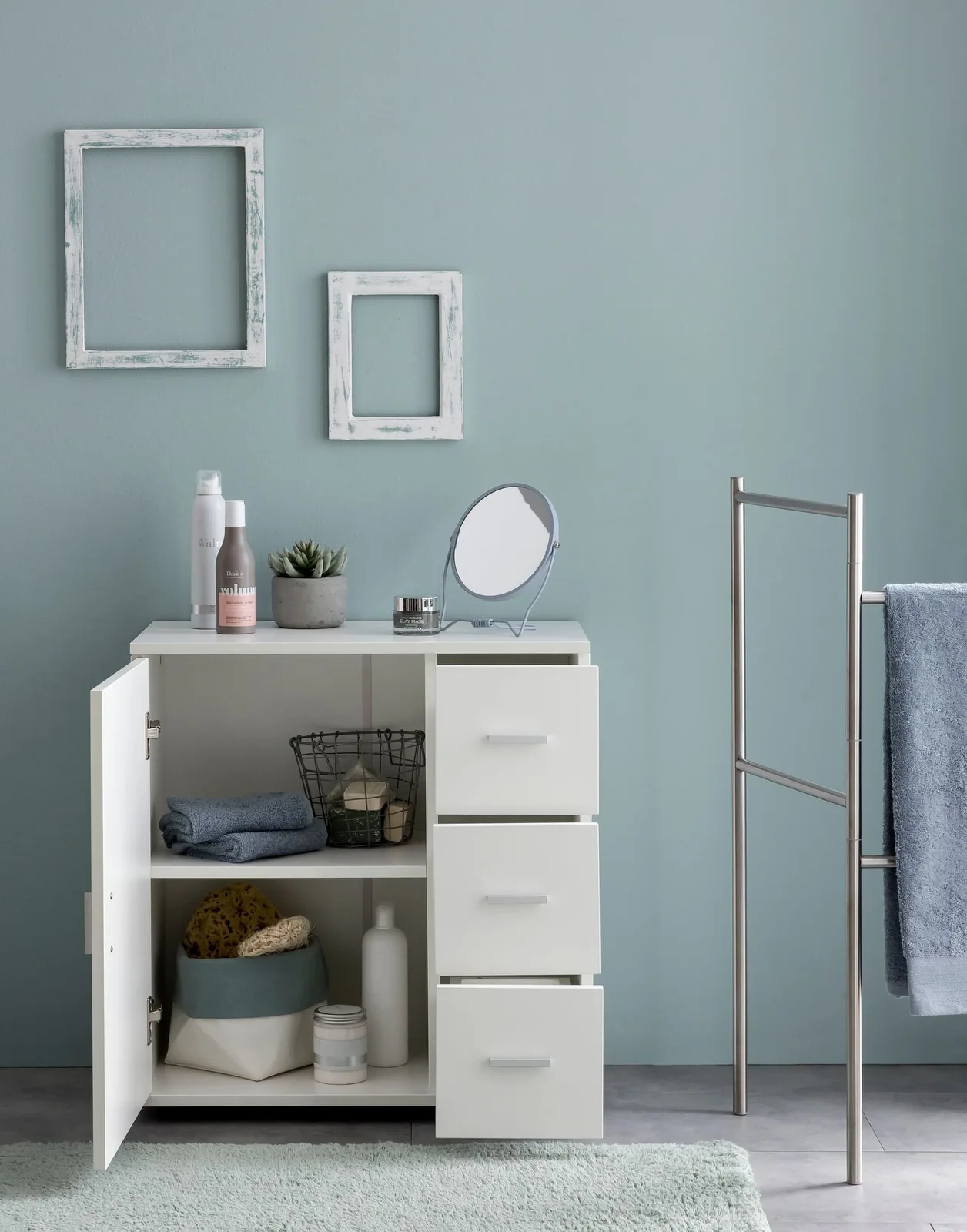 FineBuy Badschrank Weiß 60cm Midi-Schrank mit Tür & Schubladen, Kleiner Beistellschrank Matt, Badregal Schmal Freistehend Badezimmerkommode, Badmöbel Badezimmermöbel