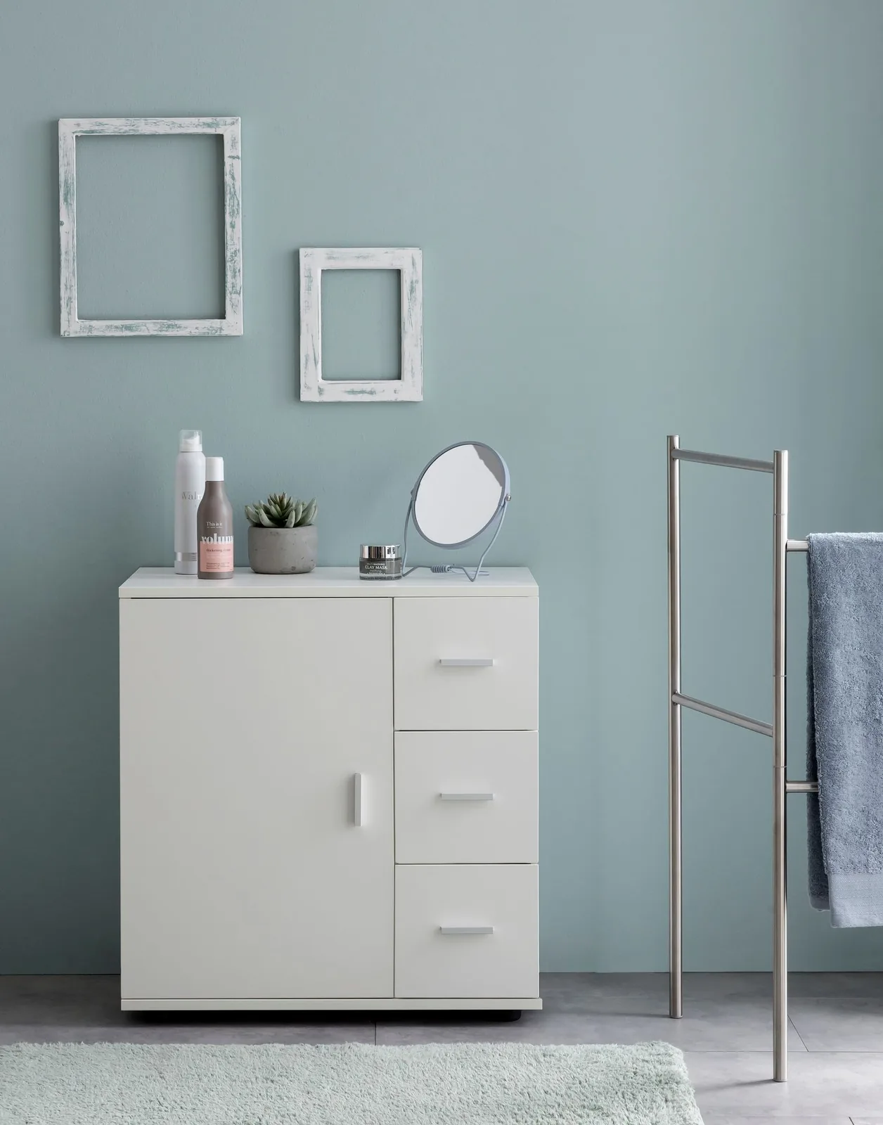 FineBuy Badschrank Weiß 60cm Midi-Schrank mit Tür & Schubladen, Kleiner Beistellschrank Matt, Badregal Schmal Freistehend Badezimmerkommode, Badmöbel Badezimmermöbel