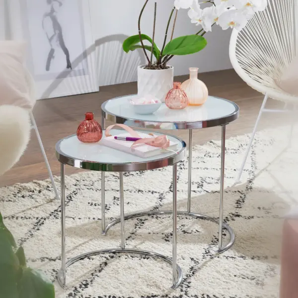 FineBuy Design Beistelltisch Rund Ø 50/42 cm - 2 teilig Weiß Silber mit Glasplatte, Wohnzimmertisch 2er Set, Satztisch Milchglas, Couchtisch