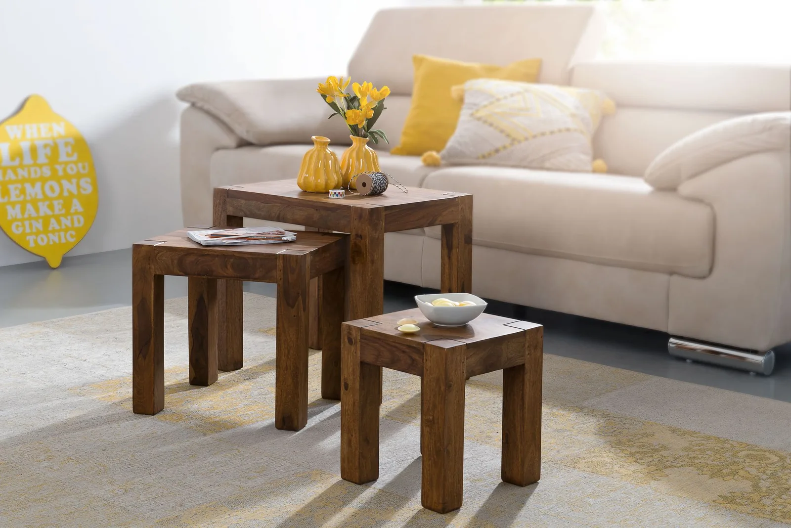 FineBuy 3er Set Satztisch Massivholz Sheesham Wohnzimmertisch Beistelltisch braun Naturholz Couchtisch Echtholz Anstelltisch