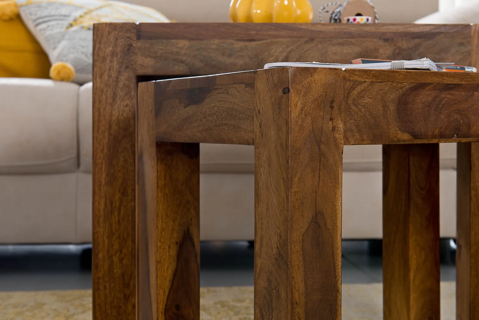 FineBuy 3er Set Satztisch Massivholz Sheesham Wohnzimmertisch Beistelltisch braun Naturholz Couchtisch Echtholz Anstelltisch