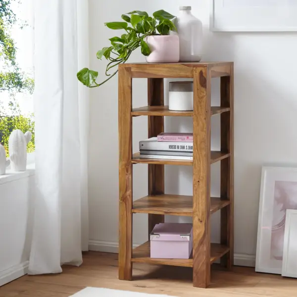 FineBuy Standregal Massiv-Holz Sheesham 105 cm Wohnzimmer-Regal mit 4 Ablagefächer Design Landhaus-Stil Beistelltisch