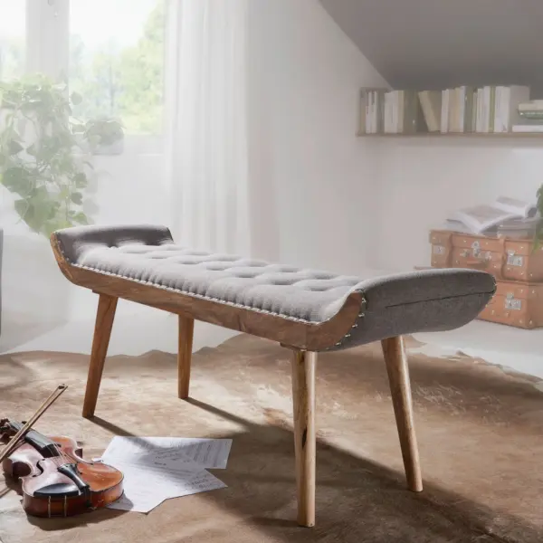 FineBuy gepolsterte Sitzbank 120 cm Massivholz Stoff grau - Retro Chesterfield Polsterbank für Garderobe Schlafzimmer & Wohnzimmer - Garderobenbank Eingangsbereich