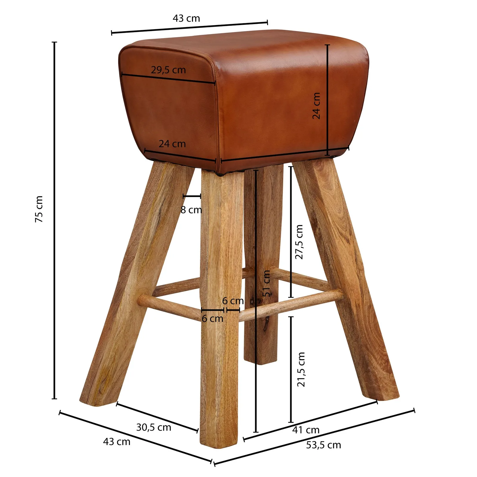 FineBuy Barhocker Turnbock 43x75x43 cm Mango Massivholz / Echtleder, Design Barstuhl Braun, Lederhocker ohne Lehne, Country Hocker Tresenstuhl