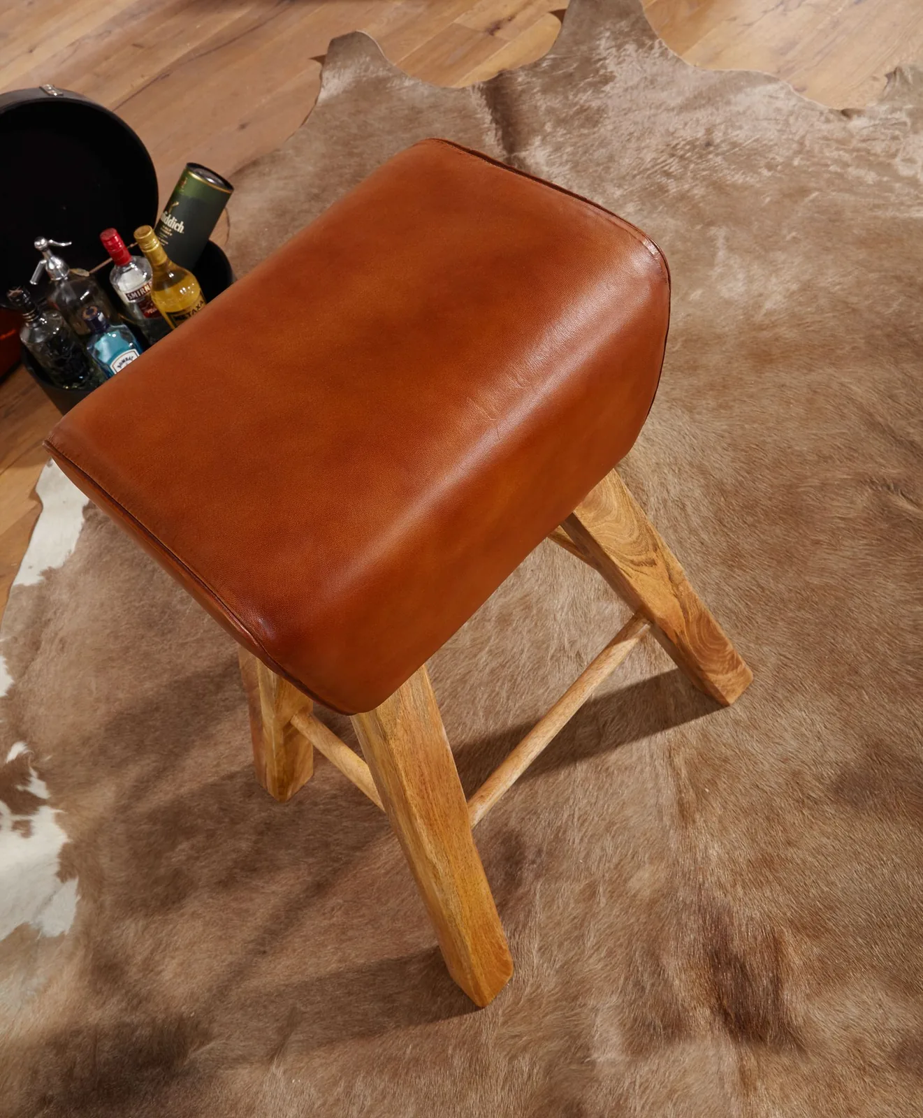 FineBuy Barhocker Turnbock 43x75x43 cm Mango Massivholz / Echtleder, Design Barstuhl Braun, Lederhocker ohne Lehne, Country Hocker Tresenstuhl
