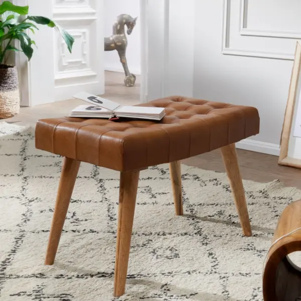 FineBuy Sitzhocker 67x47x39 cm Mango Massivholz / Echtleder Chesterfield-Design, Lederhocker Braun, Beistellhocker Hocker ohne Lehne, Country Fußhocker