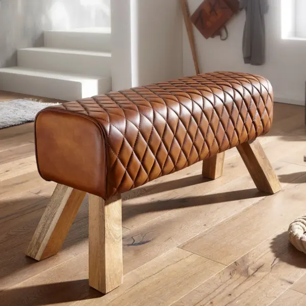 FineBuy Design Sitzbank Turnbock 90cm Cognac gesteppt Echtleder Mangoholz Retro Sitzhocker, Lederhocker mit Holzbeinen Sprinbock Hocker Garderobenbank