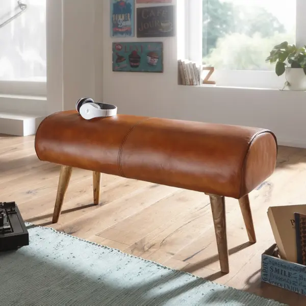 FineBuy Design Sitzbank Turnbock 100cm Braun Echtleder & Mangoholz - Retro Sitzhocker - Lederhocker mit Holzbeinen - Sprinbock Hocker - Garderobenbank