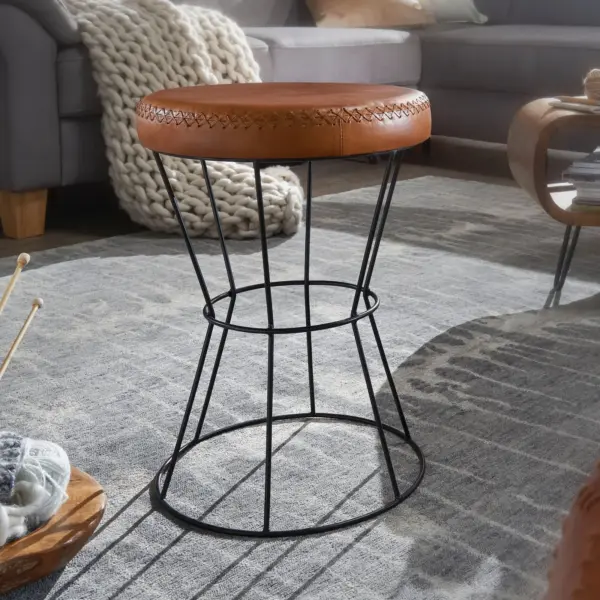 FineBuy Sitzhocker Echtleder / Metall 35 x 48 x 35 cm Design Hocker Rund, Dekohocker mit Leder-Bezug, Moderner Lederhocker Braun Gepolstert