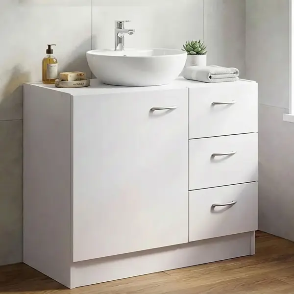 FineBuy Waschbecken-Unterschrank 54 x 63 x 30 cm weiß mit 1 Tür und 3 Schubladen, Unterstellschrank Bad mit Siphonausschnitt, Bad-Schrank klein Waschbecken