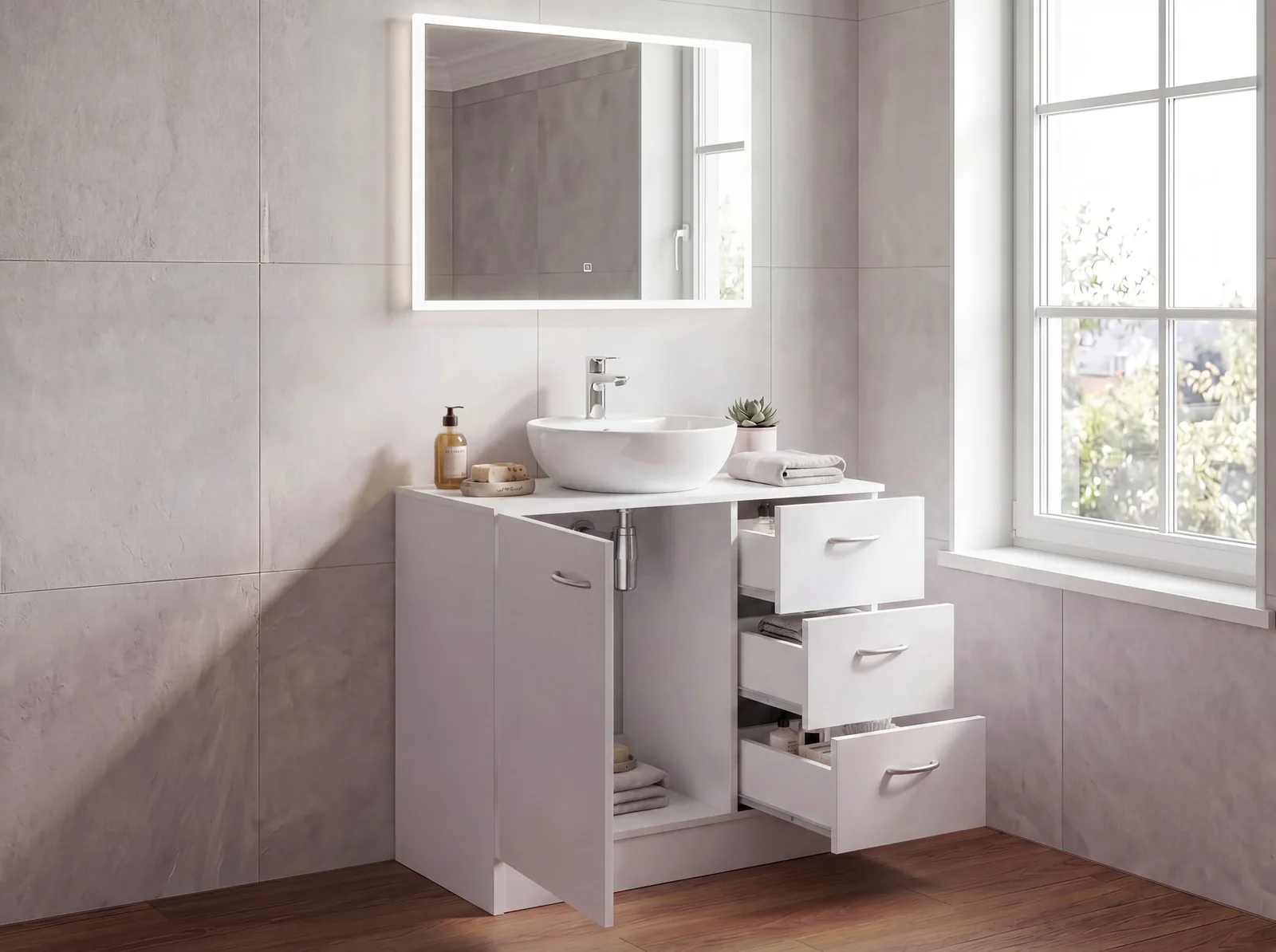 FineBuy Waschbecken-Unterschrank 54 x 63 x 30 cm weiß mit 1 Tür und 3 Schubladen, Unterstellschrank Bad mit Siphonausschnitt, Bad-Schrank klein Waschbecken