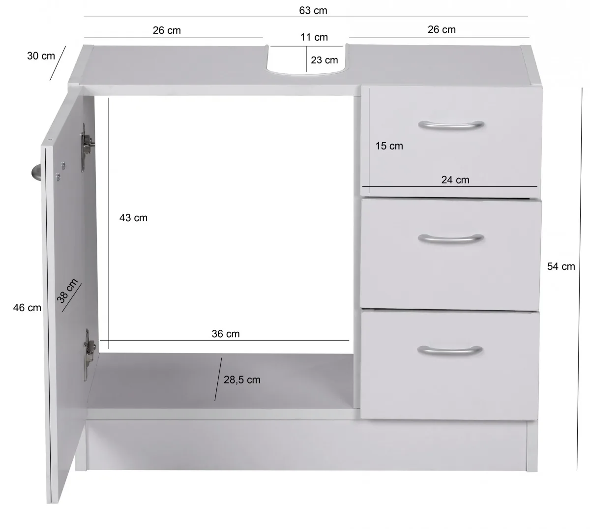 FineBuy Waschbecken-Unterschrank 54 x 63 x 30 cm weiß mit 1 Tür und 3 Schubladen, Unterstellschrank Bad mit Siphonausschnitt, Bad-Schrank klein Waschbecken