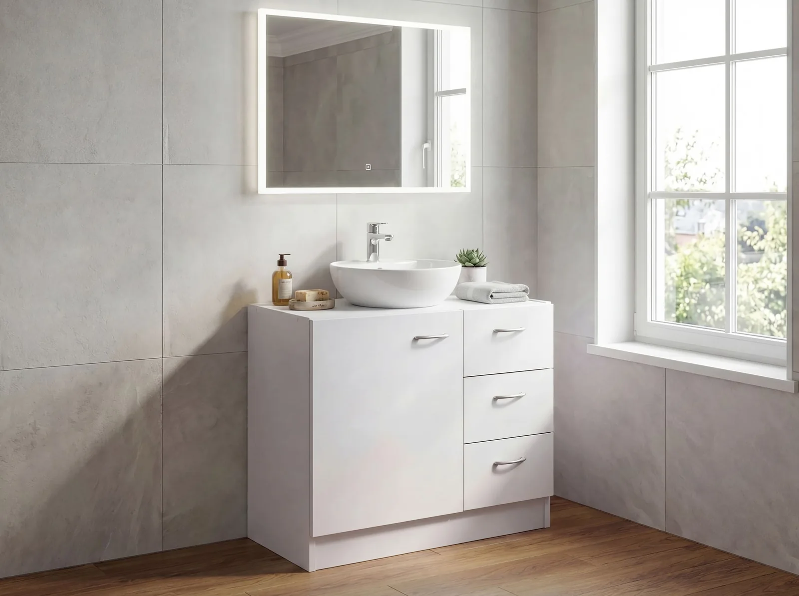 FineBuy Waschbecken-Unterschrank 54 x 63 x 30 cm weiß mit 1 Tür und 3 Schubladen, Unterstellschrank Bad mit Siphonausschnitt, Bad-Schrank klein Waschbecken
