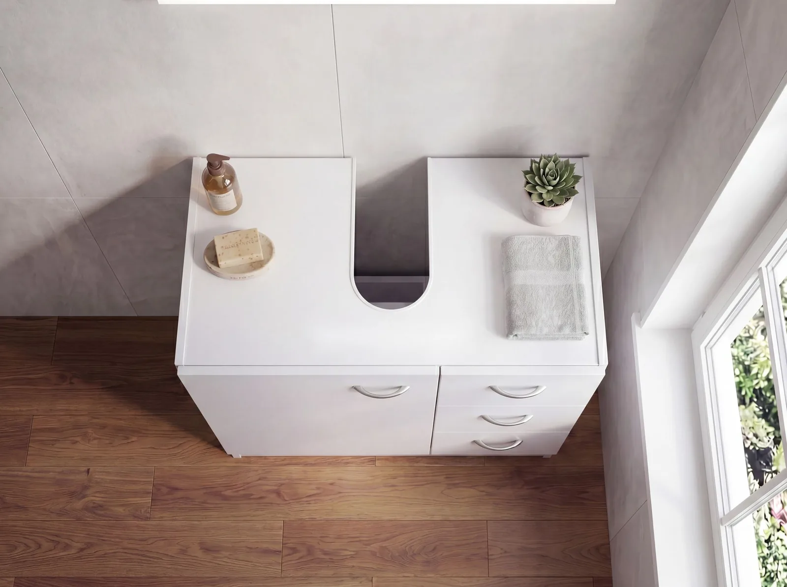 FineBuy Waschbecken-Unterschrank 54 x 63 x 30 cm weiß mit 1 Tür und 3 Schubladen, Unterstellschrank Bad mit Siphonausschnitt, Bad-Schrank klein Waschbecken
