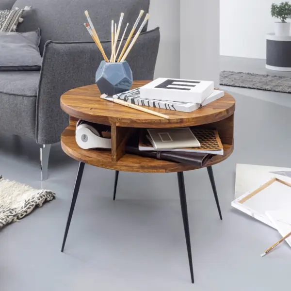FineBuy Couchtisch Sheesham Massivholz rund Ø 60 cm – Wohnzimmertisch mit offener Ablage & schwarzen Metallbeinen | Design Tisch handgefertigt im modernen Retro Stil