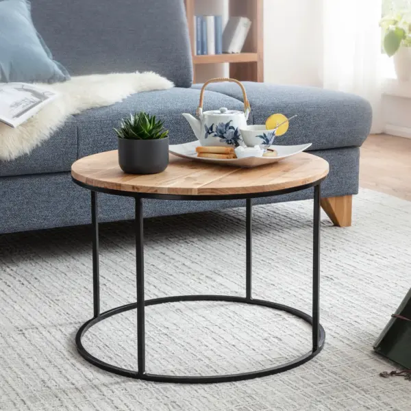 FineBuy Couchtisch Akazie Massivholz rund 60 cm · Wohnzimmertisch mit schwarzem Metallgestell · Handgefertigt · Natur Holz Tisch im modernen Industrial Design