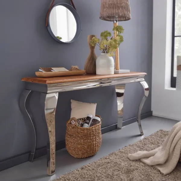 FineBuy Konsolentisch Sheesham Massivholz / Metall 130x76,5x42 cm Flurtisch, Design Wohnzimmertisch Schmal, Anrichte Schreibtisch Modern