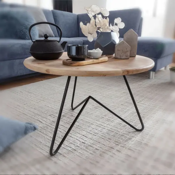 FineBuy Couchtisch Akazie Massivholz rund 60 cm · Wohnzimmertisch mit Metallgestell im modernen Design · Handgefertigt · Natur Look & Industrial Stil