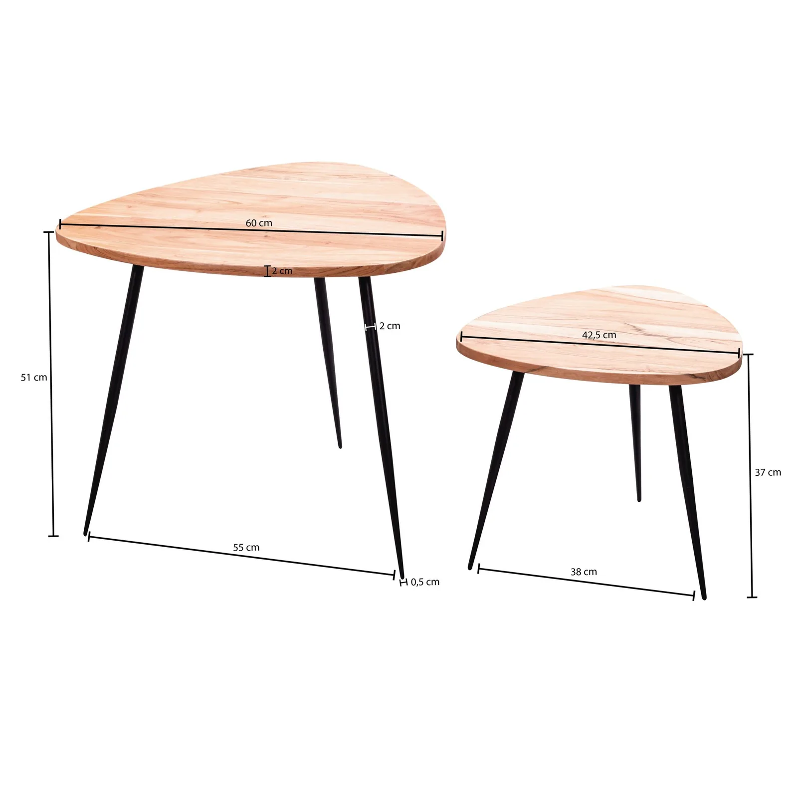 FineBuy 2er Set Satztisch Akazie Massivholz / Metall Couchtisch Klein, Design Beistelltisch Set Zwei Holz-Tische, Wohnzimmertisch Tisch Metallgestell