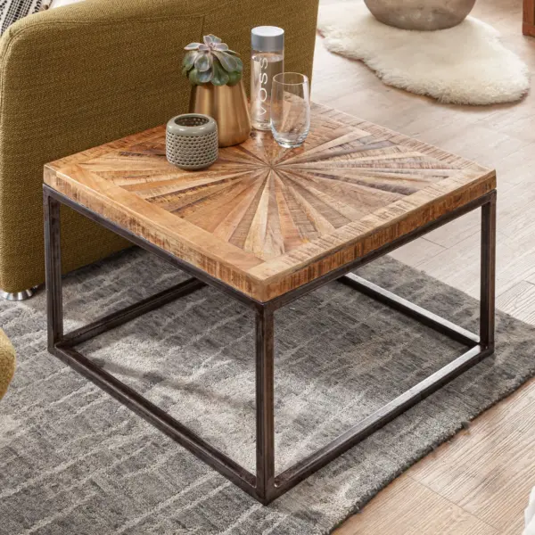 FineBuy Couchtisch Mango Massivholz quadratisch 55x55 cm · Wohnzimmertisch mit Sternmuster Tischplatte · Massivholztisch mit Metallgestell im Industrial Design