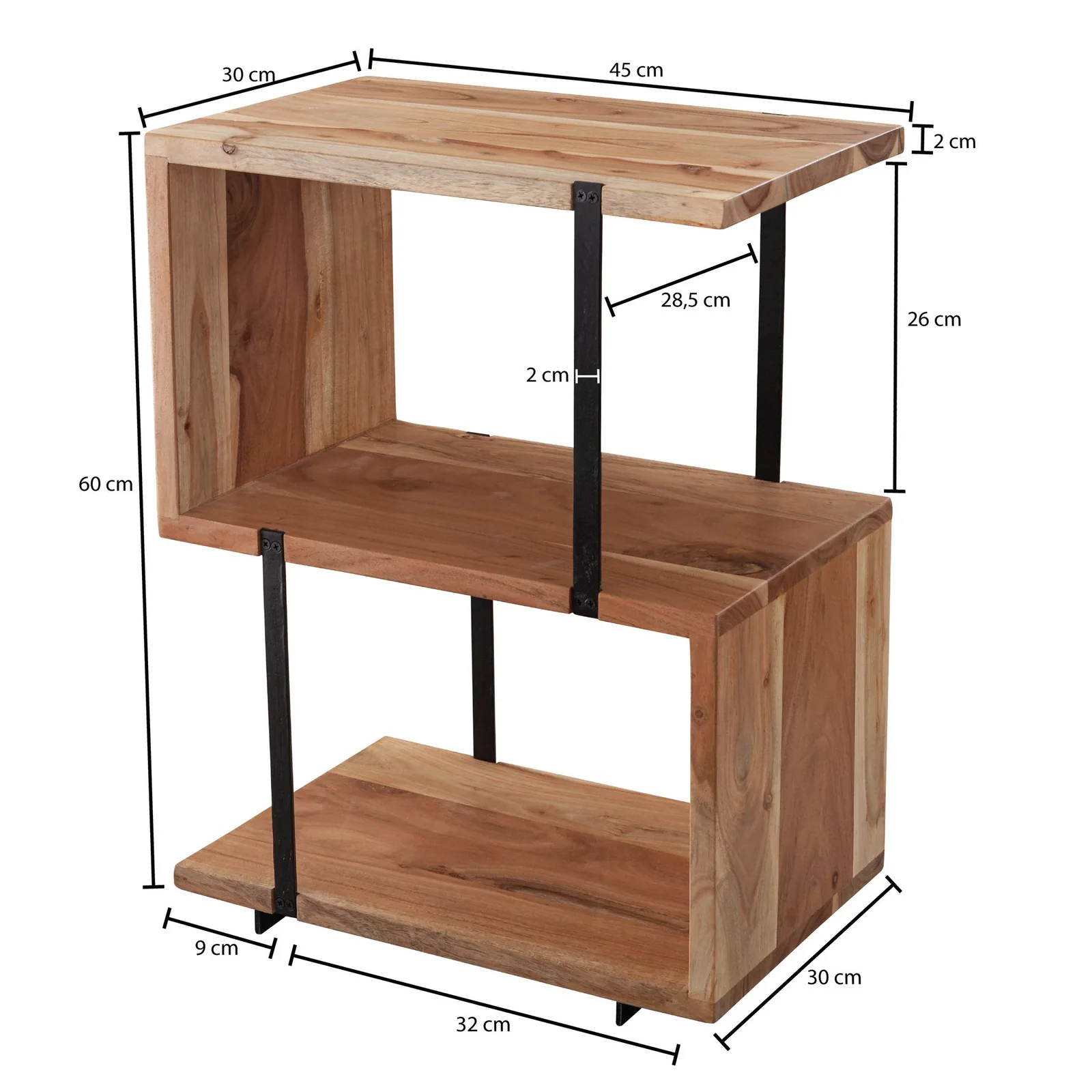 FineBuy Beistelltisch S-Form 45x60x30cm Akazie Metall Ablagetisch, Tischchen Wohnzimmer Industrial, Holztisch mit Metallbeinen, Dekotisch Holz