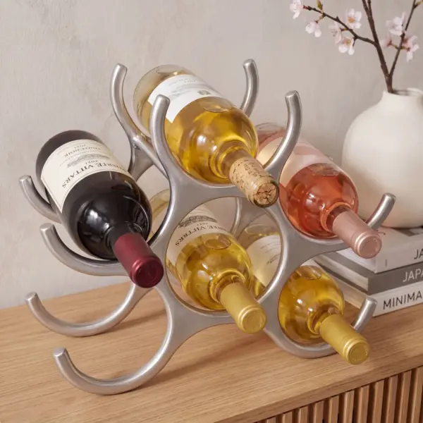 FineBuy Design Aluminium Weinregal 6 Flaschen in Silber 24cm, Flaschenregal Wein Zubehör Edel modern Alu Flaschenständer liegend