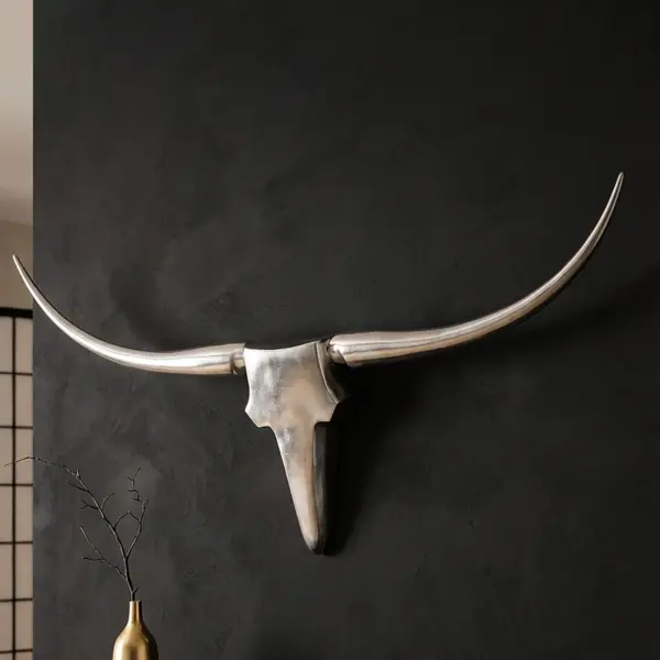 FineBuy Bull Geweih L Wanddekoration 125cm breit Alu Aluminium silber Aluminiumdekoration Wand Geweih Wandgestaltung