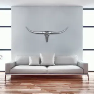 FineBuy Deko Geweih Bull M FB37875 Silber 100 cm Aluminium Design Hörner, Wanddekoration Stierkopf Horn Modern, Wandskulptur Geweih-Jagdtrophäe Metall, Longhorn Wandschmuck Groß