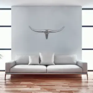 FineBuy Bull Geweih S Wanddekoration 74cm breit Alu Aluminium silber Aluminiumdekoration Wandgeweih Designdekoration