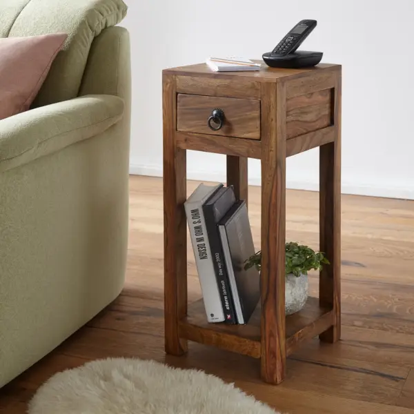 FineBuy Beistelltisch Massivholz Sheesham 30x30x68 cm Wohnzimmertisch mit Schublade, Design Couchtisch Naturprodukt Wohnzimmermöbel modern Echtholz