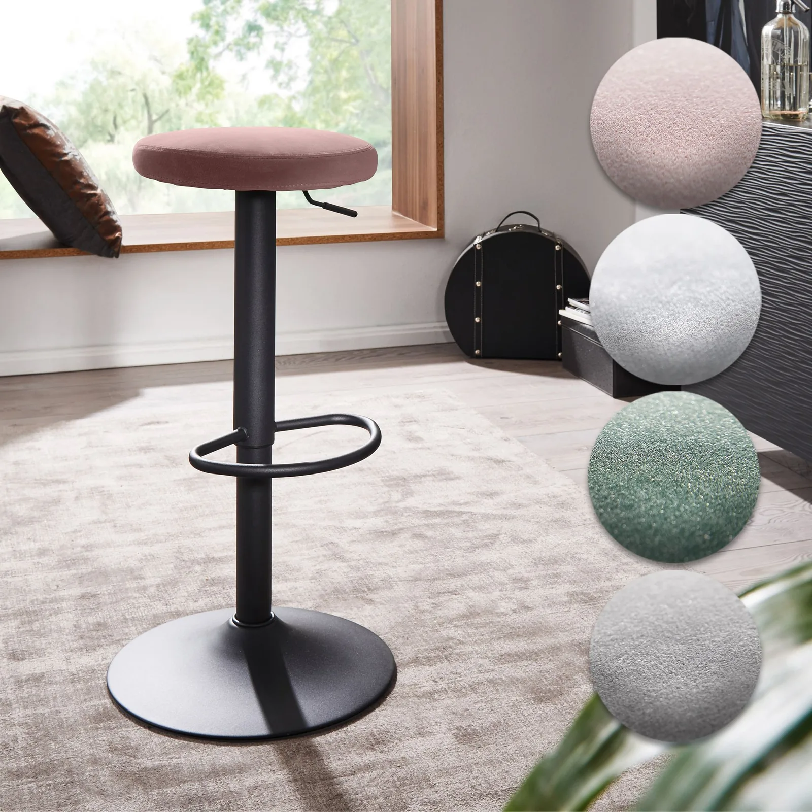 FineBuy Barhocker Samt Hocker ohne Lehne 58 - 79 cm, Küchenhocker Stoff / Metall 100kg, Design Barstuhl Tresenhocker Drehbar Bistrohocker