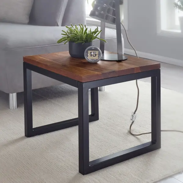 FineBuy Beistelltisch 45x40x45 cm Sheesham Massivholz / Metall Wohnzimmertisch, Industrial Style Designer Holztisch, Tisch Wohnzimmer, Kleiner Couchtisch Massiv