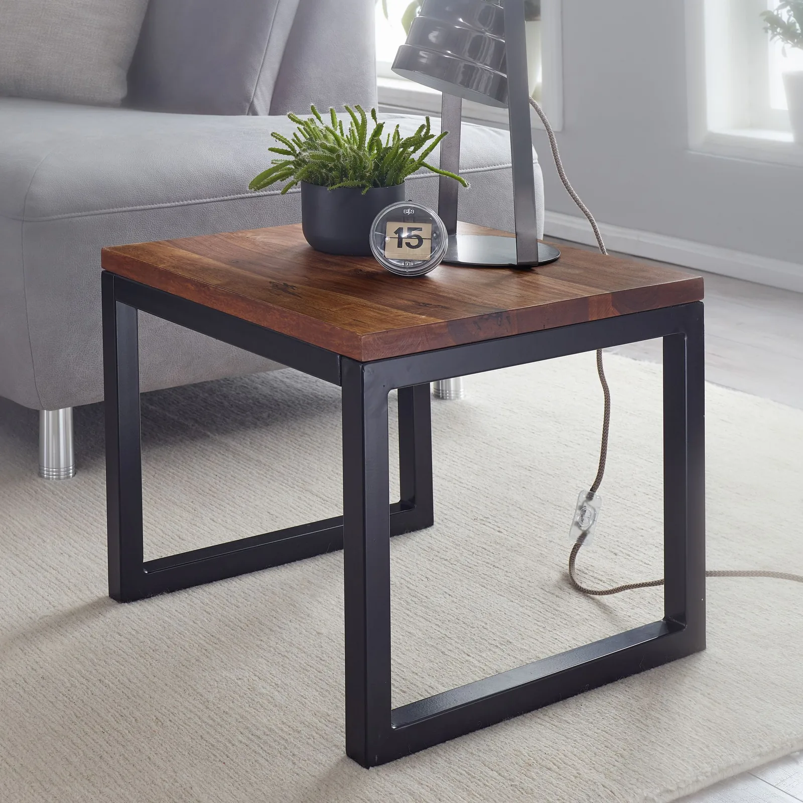 FineBuy Beistelltisch 45x40x45 cm Sheesham Massivholz / Metall Wohnzimmertisch, Industrial Style Designer Holztisch, Tisch Wohnzimmer, Kleiner Couchtisch Massiv