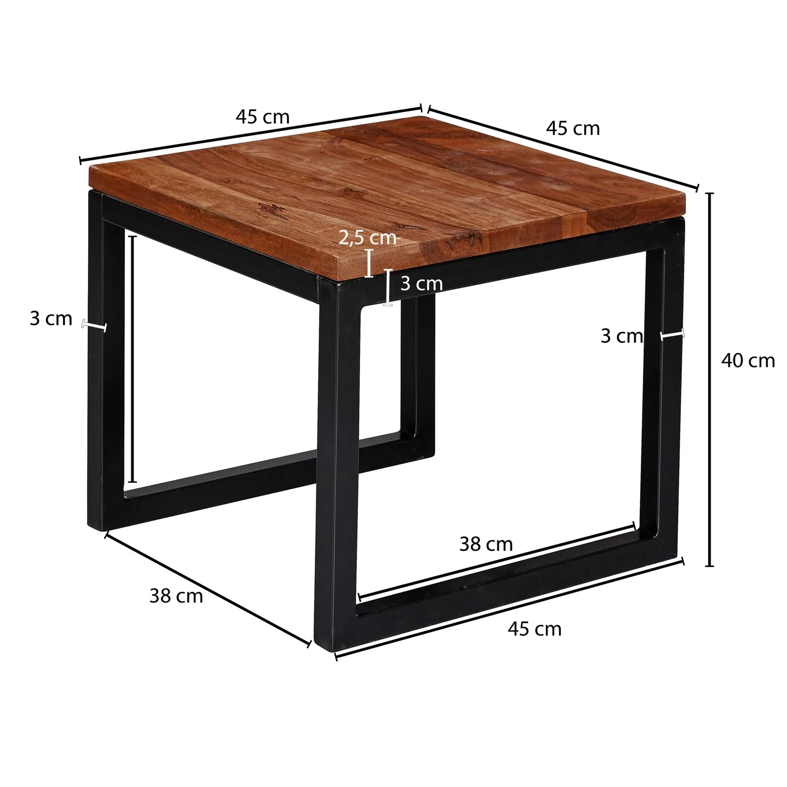 FineBuy Beistelltisch 45x40x45 cm Sheesham Massivholz / Metall Wohnzimmertisch, Industrial Style Designer Holztisch, Tisch Wohnzimmer, Kleiner Couchtisch Massiv